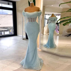 Sexy Backless Evening Dresses Women Exquisite Sparkling Beading Mermaid Off Shoulder Long Sleeves Customized Party Prom Gowns