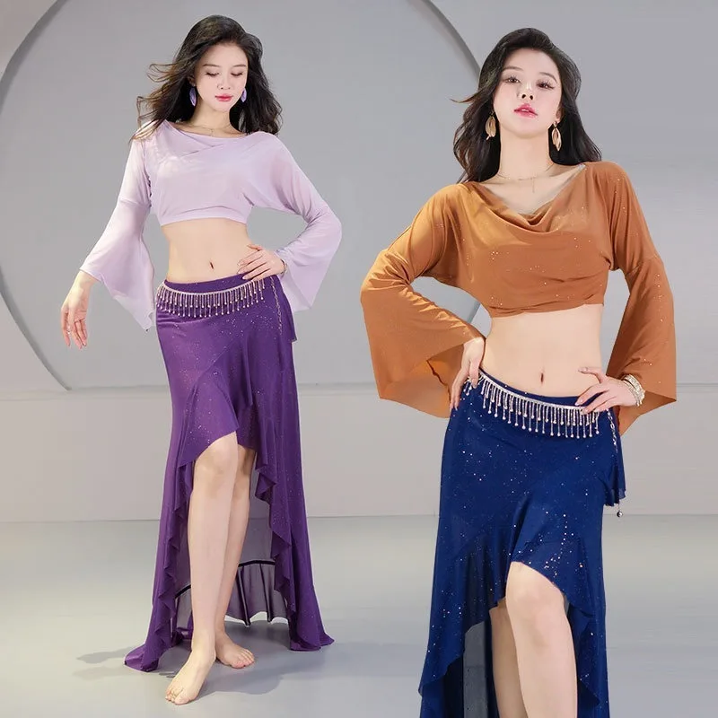 

Новый комплект для восточных танцев – сетчатая тренировочная одежда с расклешенными рукавами для выступлений по восточным танцам