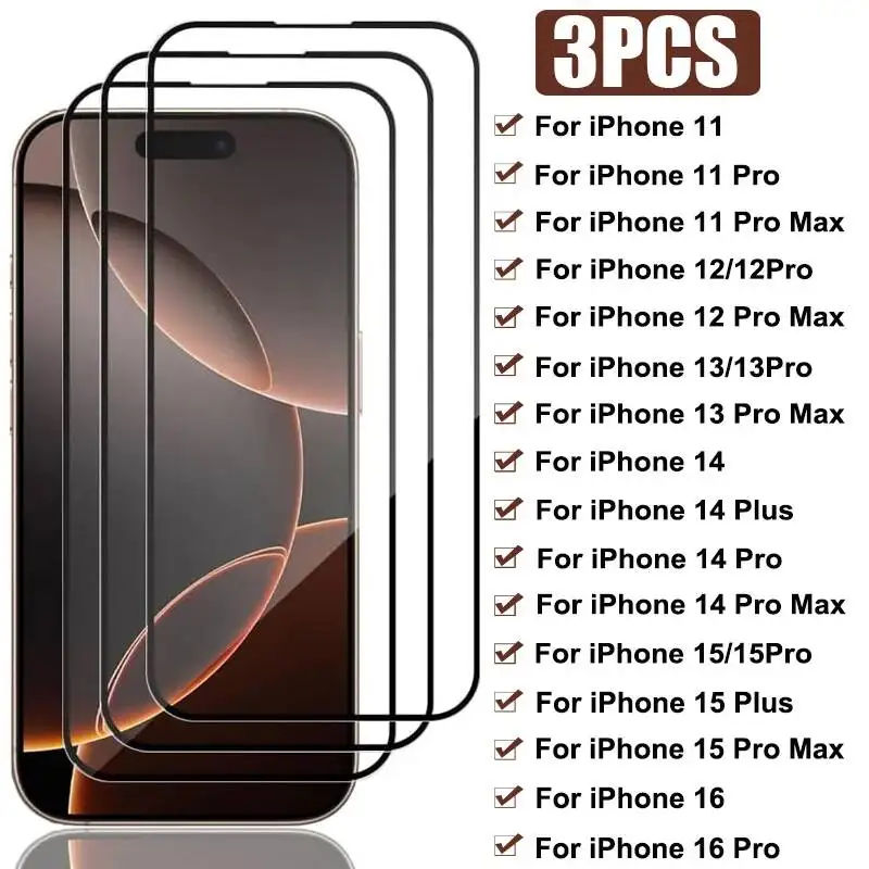 

3 шт., полностью закаленное защитное стекло для экрана 16 15 Plus для Iphone 11, 12, 14 Pro Max 13 Mini, стеклянная пленка