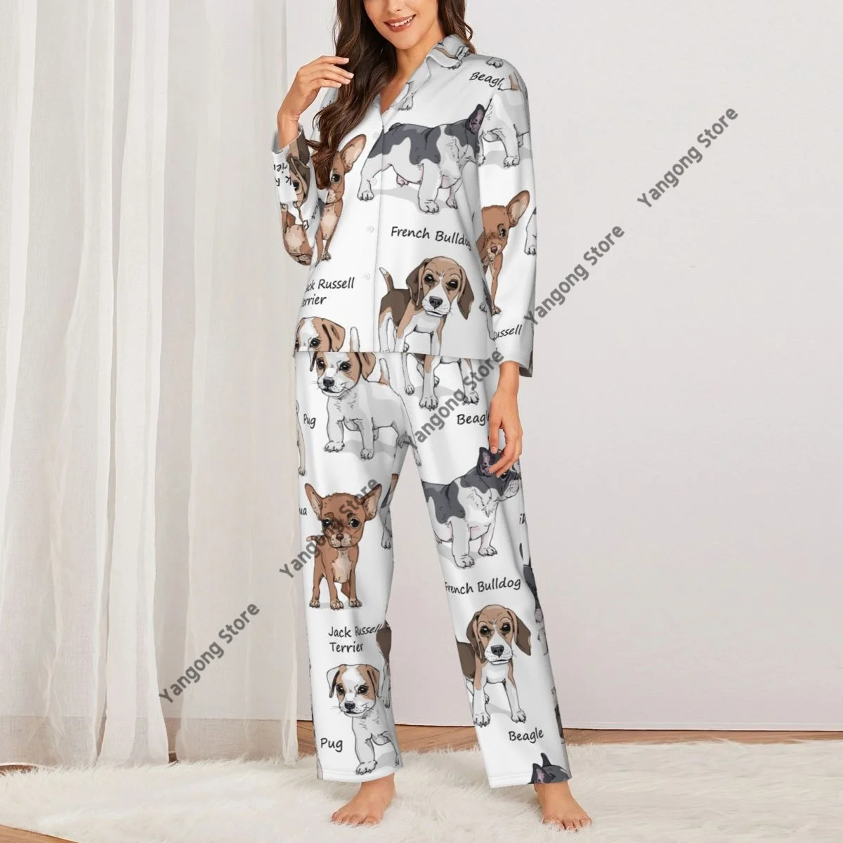 Women Sleepwear Dogs French Bulldog Beagle Jack Russell Terrier Chihuahua Pug Long Sleeve Neck Shirt Waist Pants Pajamas Set