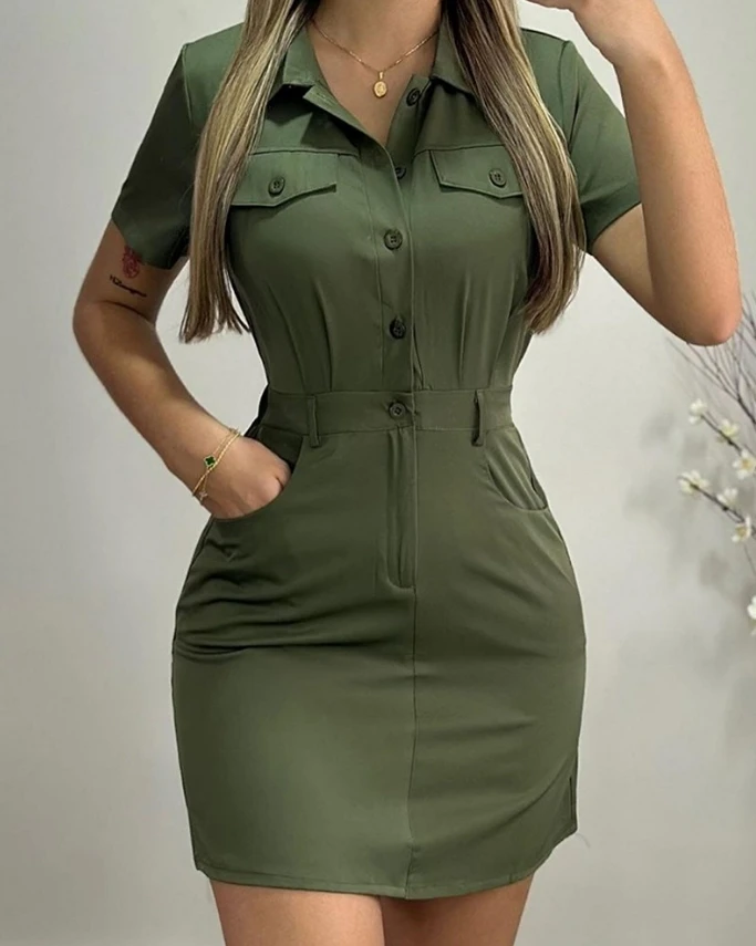 

Womens Dresses 2024 Summer Fashion Buttoned Pocket Design Ruched Casual Turn-Down Collar Short Sleeve Daily Mini Pencil Dress