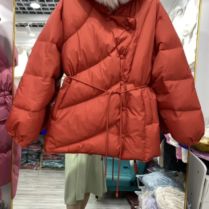 2023 Nieuwe Dames Donsjack Winterjas Vrouwelijke Vossenbont Kraag Uitlaat Parka 'S Taille Kanten Bovenkleding Mid Length Versie Warme Overjas