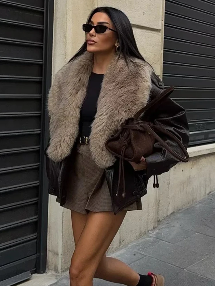 

Women's New Faux Leather Leather Jacket Fur Collar Biker Coat Detachable Collar Full Sleeve Women Coat