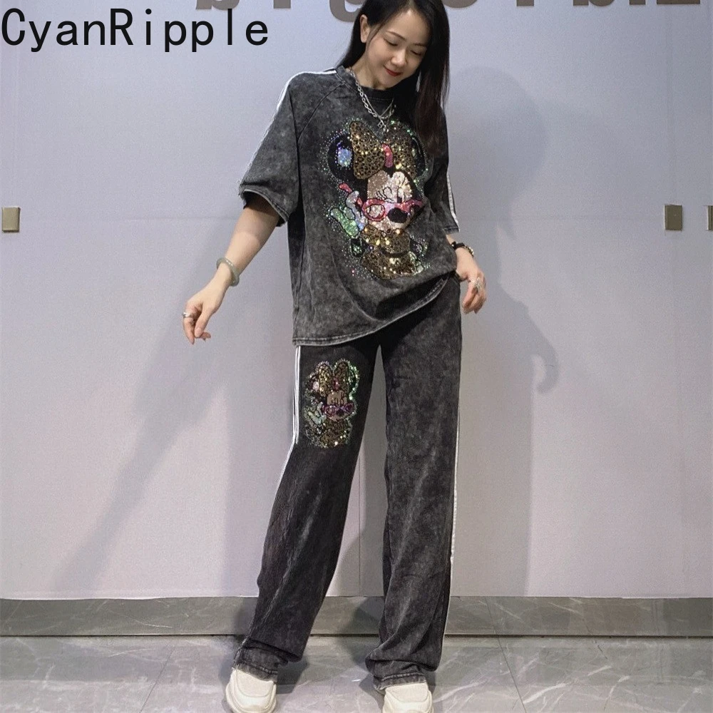 

Trendy New Summer Women Two-piece Set Mickey Diamonds Casual Short Sleeve T-shirt Top + Elastic Waist Loose Wide Leg Pants Suits