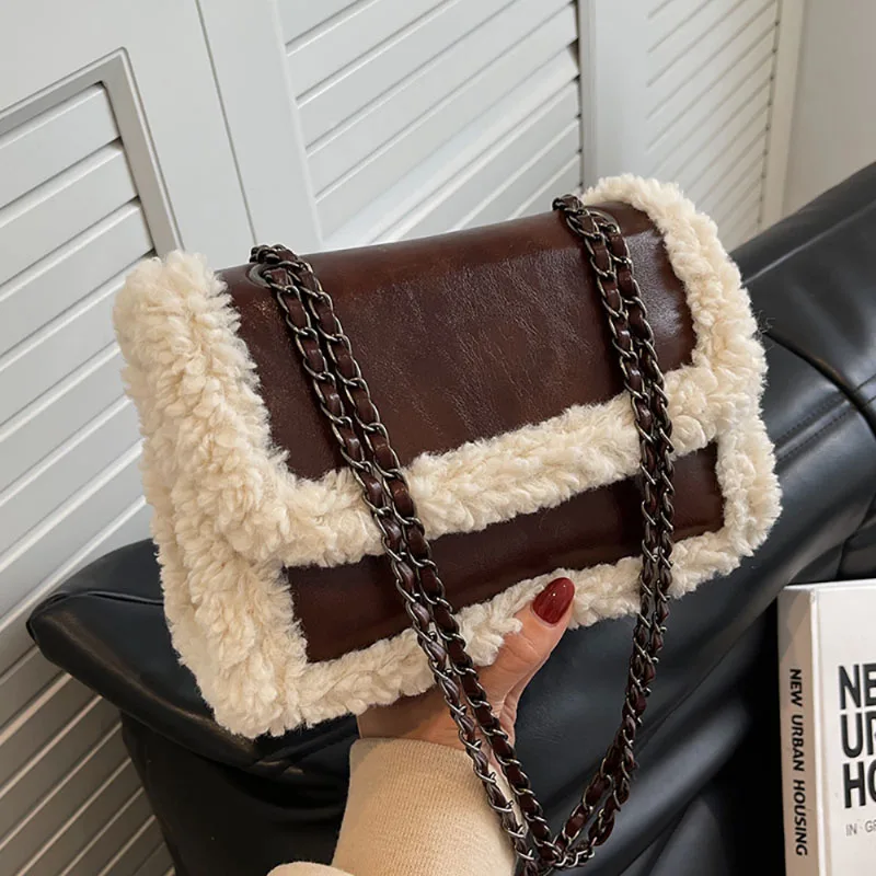 Korean Lamb Wool Splice Retro Chain Crossbody Bag Patent Leather Glossy High-End Texture Shoulder Bag Women New Portable Handbag