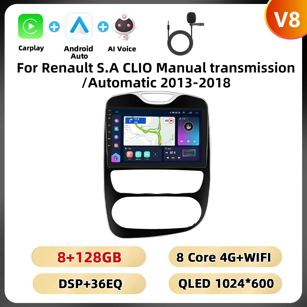 Podofo 10.1 ''2din Autoradio Voor Renault S.a Clio Handgeschakelde Versnellingsbak/Automatische 2013-2018 Carplay Android Auto Gps Wifi 4G Dsp