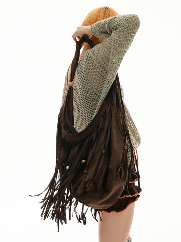 حقيبة نسائية من جلد الغزال والخرز بشراشيب أمريكي عتيق مع ملمس شخصي عالي الجودة، حقيبة كروس بكتف واحد عصرية