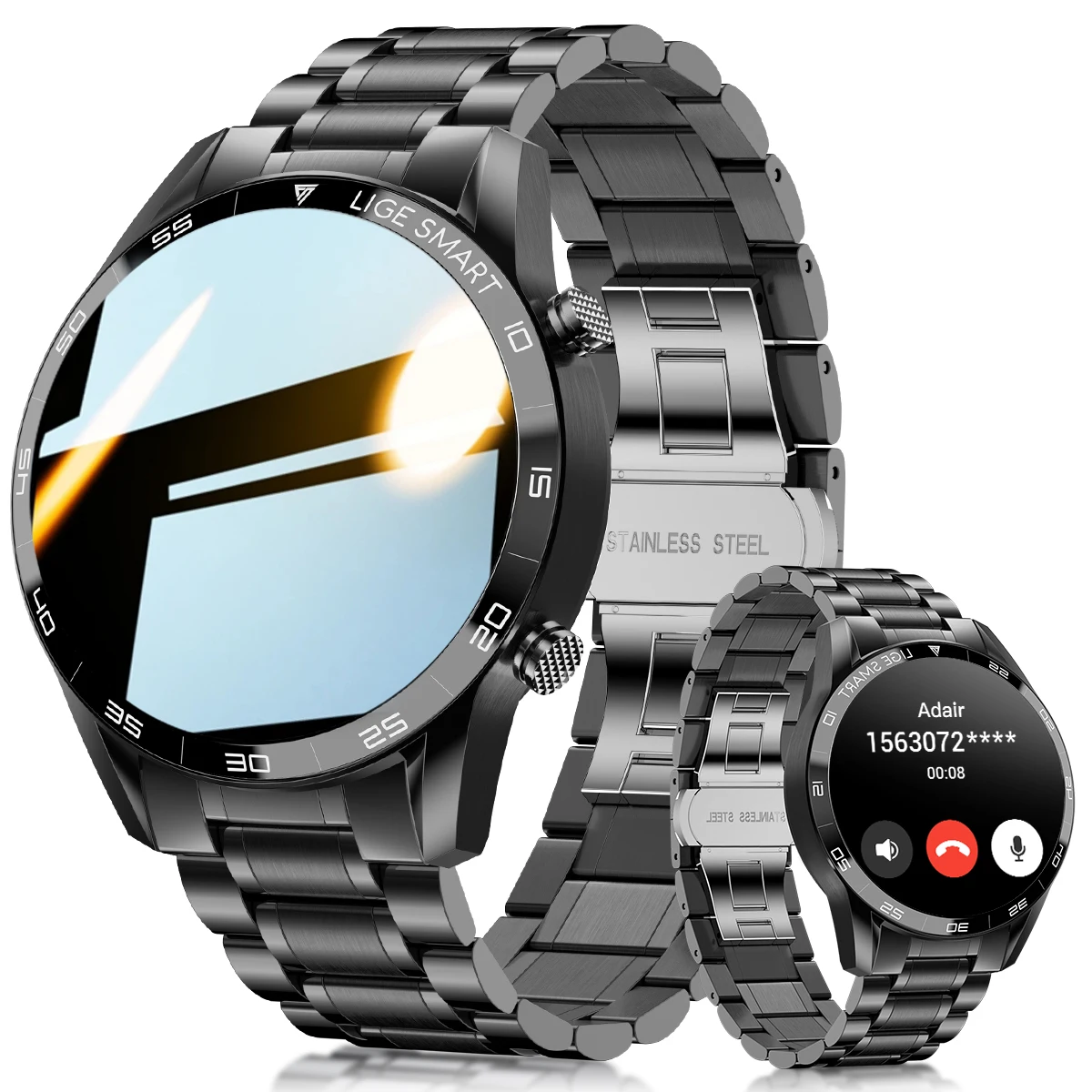 LIGE 2024 Smart Watch Men Full Circle Touch Screen Bluetooth Call Steel Band Sport Fitness Waterproof Smartwatch For Android IOS