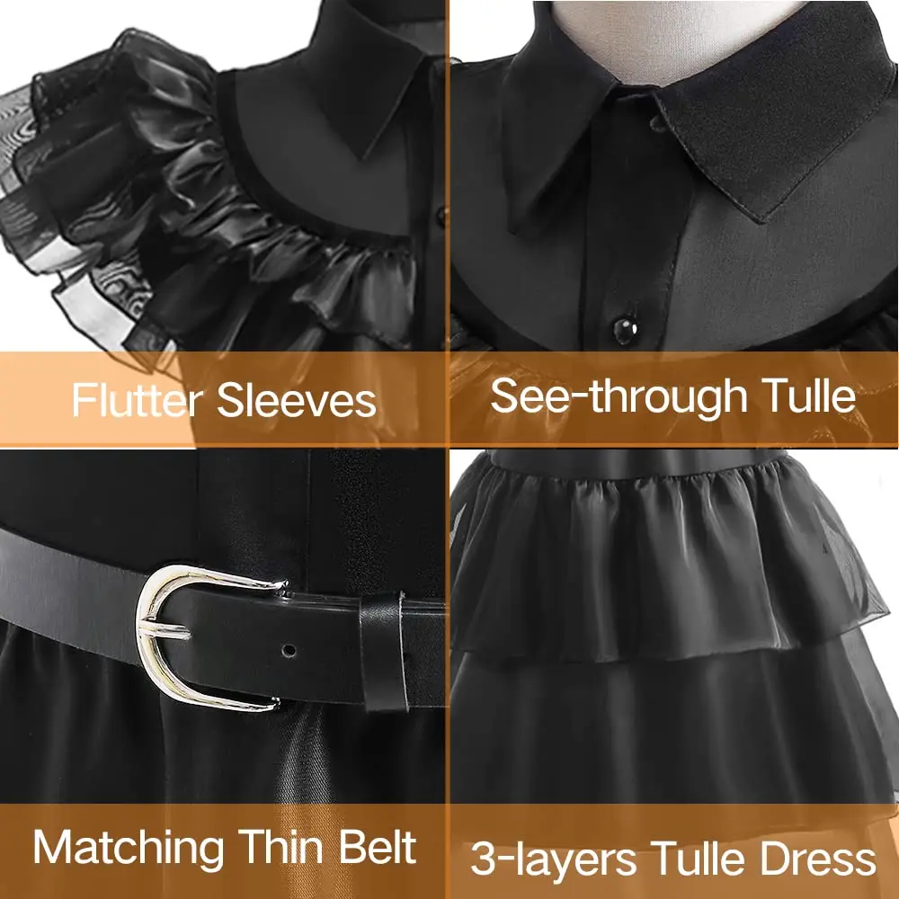 Girls Wednesday Addams Dress 4PCS Sets Cosplay Costume with Wigs Socks Belts Dress Up For Girls 3-12Year Children Party Carnival