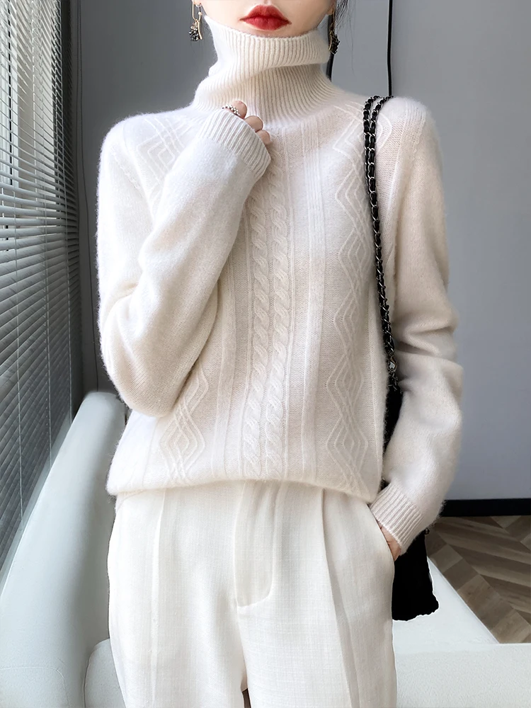 

Women's Turtleneck Casual Loose 100% Merino Wool Knitted Sweater Pullover Autumn Winter Cable Stitch Soft Warm Clothing Tops