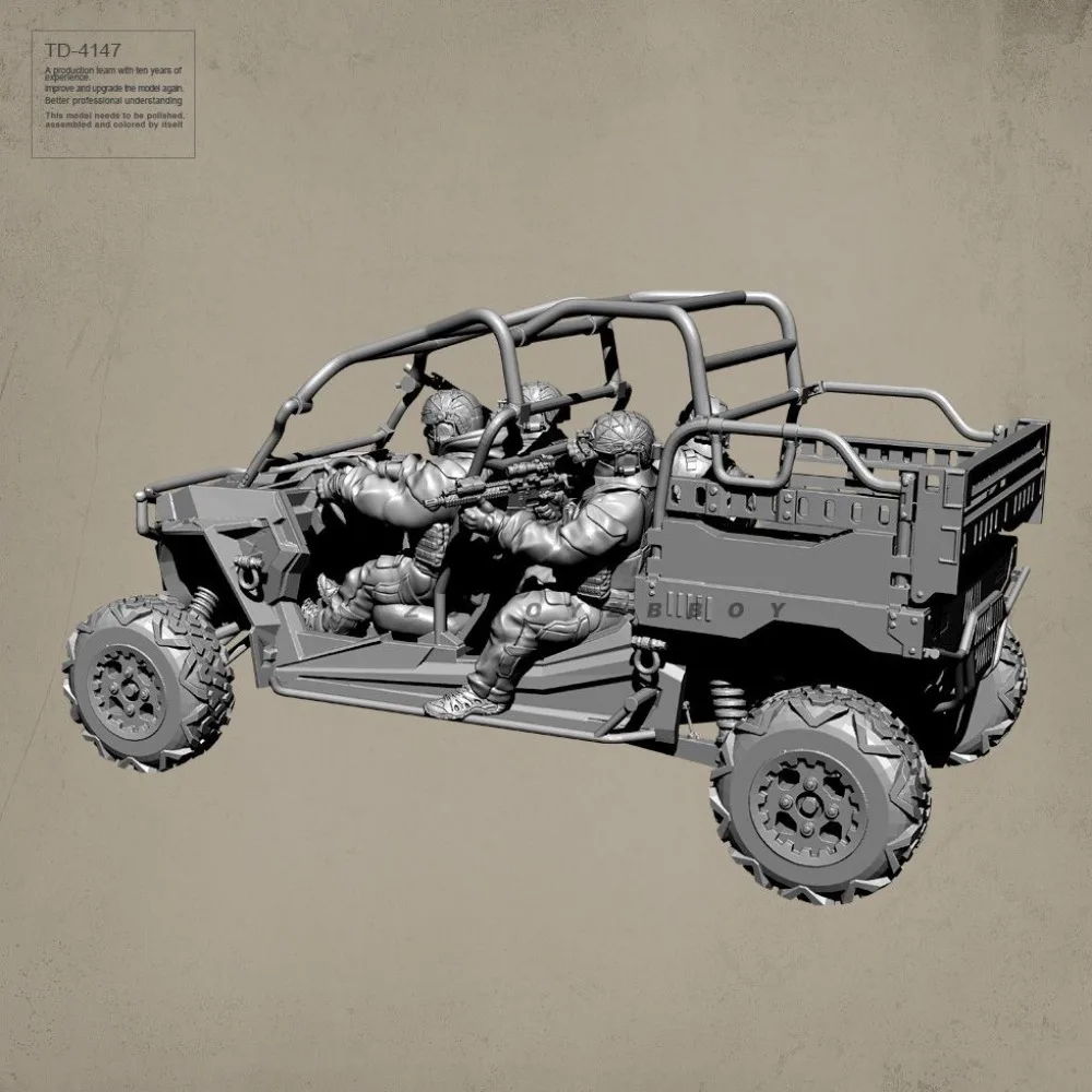 38MM 50MM Resin Model The Terrain Vehicle and 4 Soldiers of The US Military Team 3D Printed Figurines DIY Coloring Miniatures