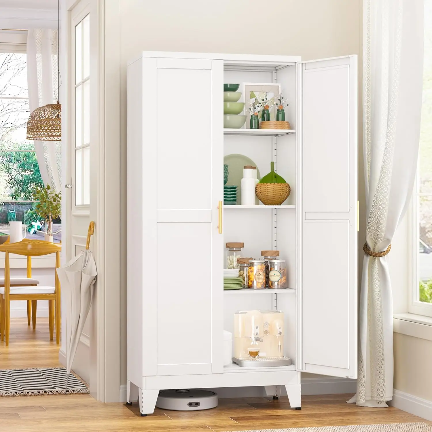 White Metal Pantry Cabinet, Freestanding Kitchen Storage Cupboard with 2 Doors and 3 Adjustable Shelves, Heavy Duty Steel Utility Rack for Dining Room Living Room Bathroom, 1 Piece