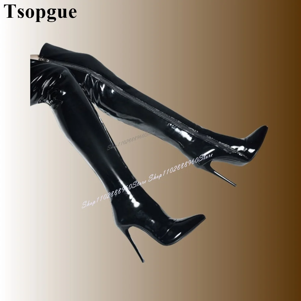 

Sexy Black Elastic Patent Leather Slim Boots Thin High Heel Women Shoes Side Zipper Pointed Toe 2024 Fashion Zapatos Para Mujere