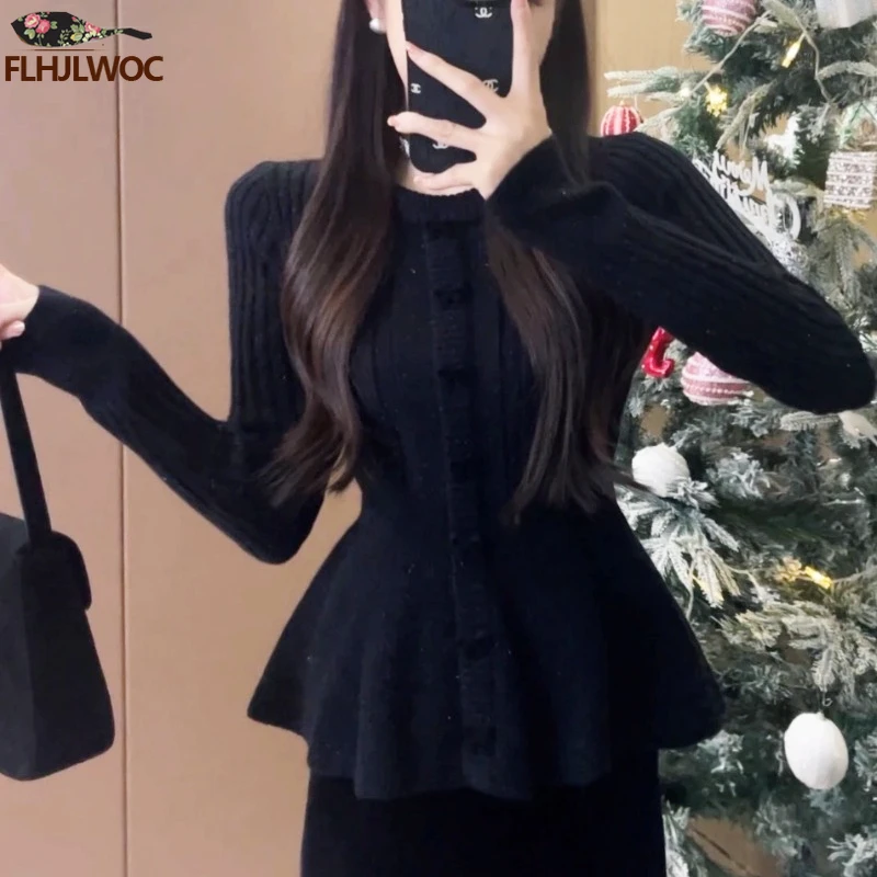 New Year Ruffles Peplum Basis Pullovers Jumpers Long Sleeve Casual Loose Japan Cute Sweet Girls Bow Tie Red Knitted Sweaters