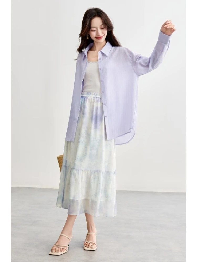 SENTUBILA Women Skirt Set Long Sleeve Button Turn-Down Collar Shirts And A-Line Printed Long Half Skirts Femal Clothes 152ZI2016