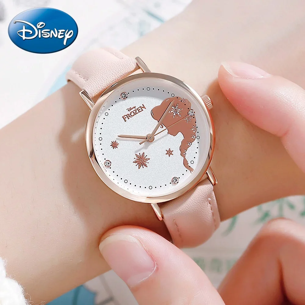 Disney Watches Frozen Elsa Princess Rhinestone Crystal Lady Quartz Watch Stainless Steel PU Waterproof Girls Cute Clock Gift