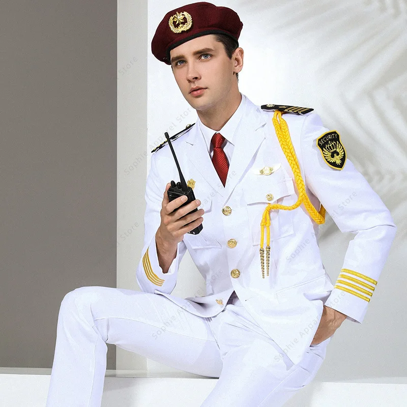 Security Guard Uniform White Men Property Concierge Jacket Pants Hat Ribbon Accessories Workwear Military Clothes US Navy Suit