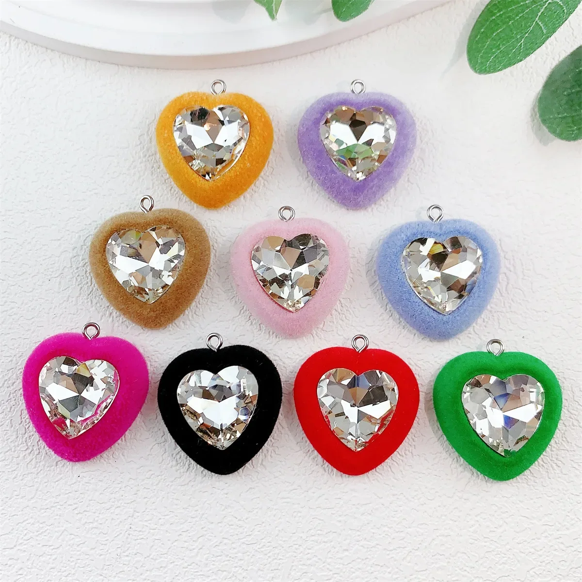 20Pcs 3D Flocking Colorful Crystal Heart Resin Charms Heart-shaped Pendant For Earring Bracelet Necklace DIY Crafts Jewelry Make