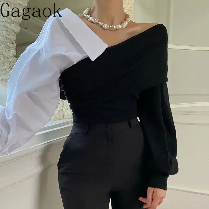 Gagaok Patchwork Blouses Early Autumn One Line Neck Shirt Women Design Sense Spliced Shirts Retro Off Shoulder Top