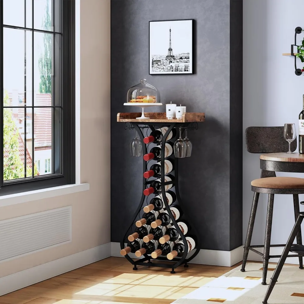 X-cosrack Wine Storage Rack Freestanding Floor, Wine Rack Mini Bar Table with Tabletop, Glass Holder Wine Bottle Display Stand L