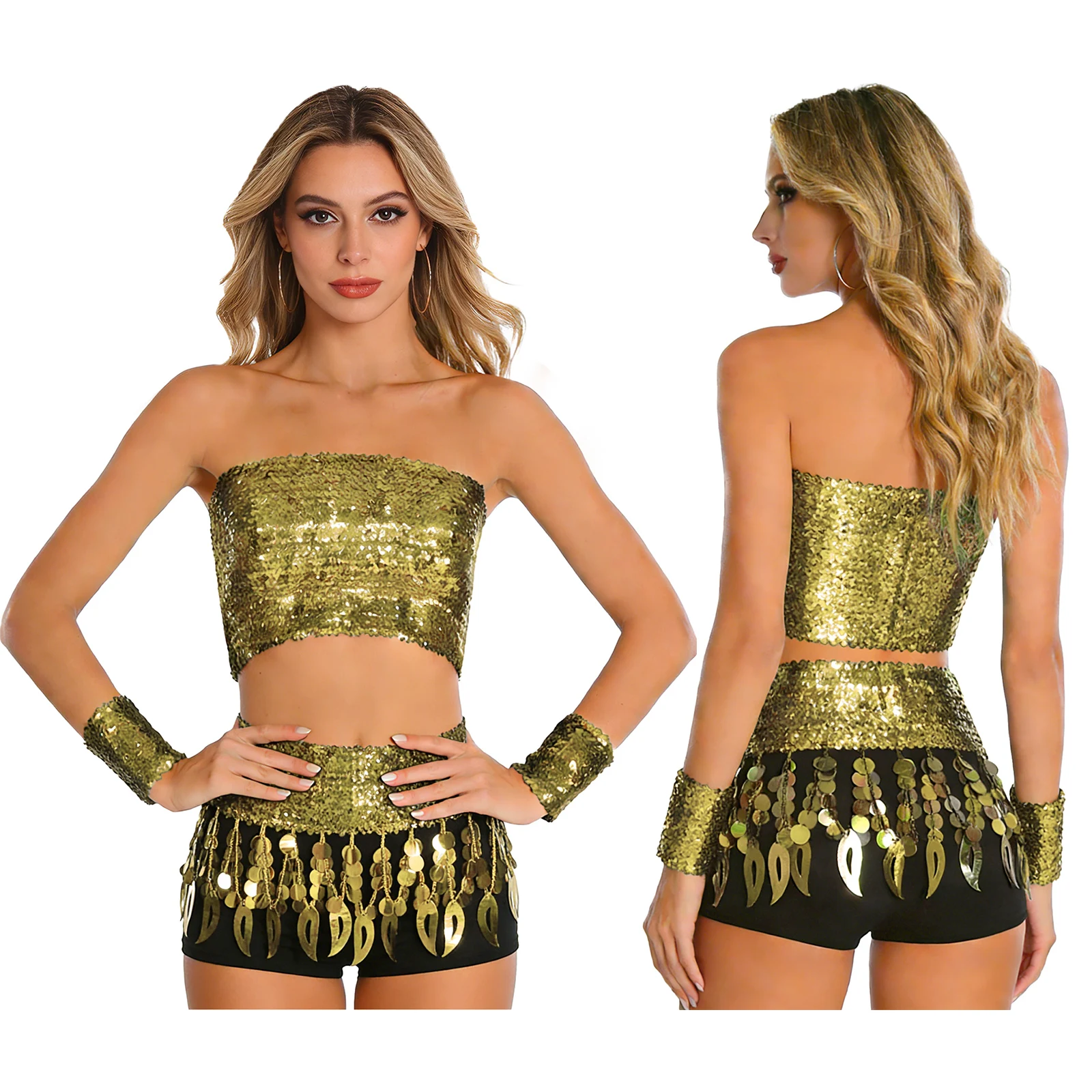 

Женские блестящие костюмы для танца живота в стиле диско: корсет-топ без рукавов с пайетками и юбка с бахромой для латиноамериканских танцев, ча-ча и сценических выступлений.