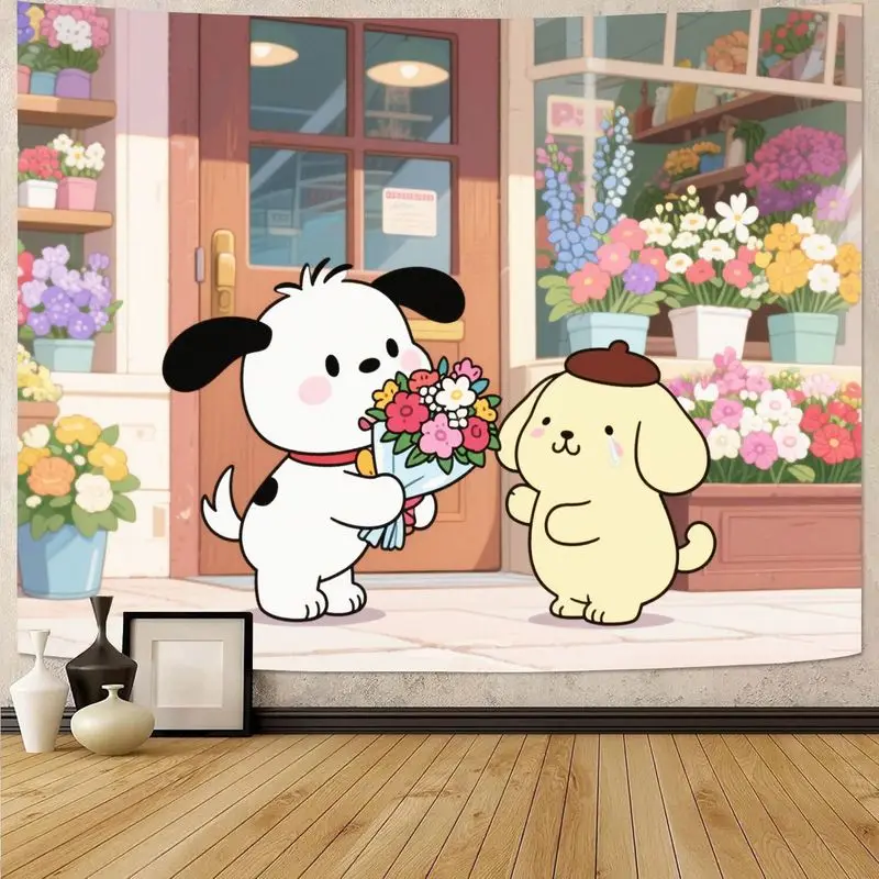 

1PC Kawaii Puppy Giving Flowers Tapestry, Aesthetic Flower Shop Wall Art, Sweet Polyester Cozy Room Decor for Bedroom Living Roo