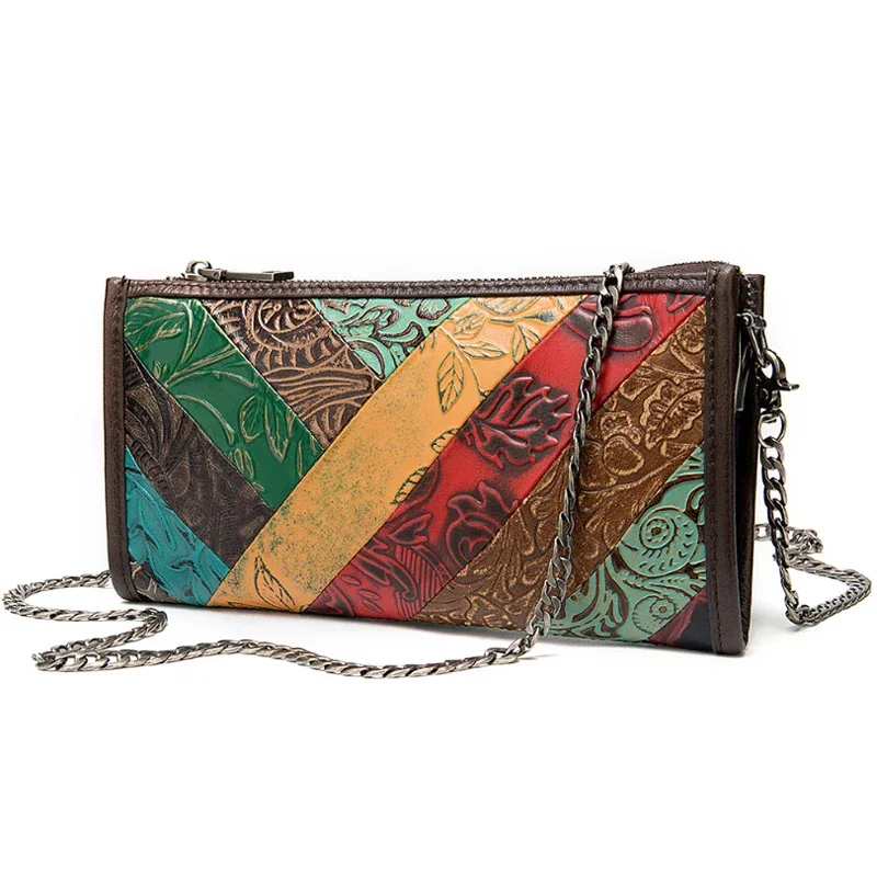 

Newsbirds Bohemian Style Woman Long Wallet With China Strap Genuine Leather Purse Shoulder Bag Stitching embossed clutch bag