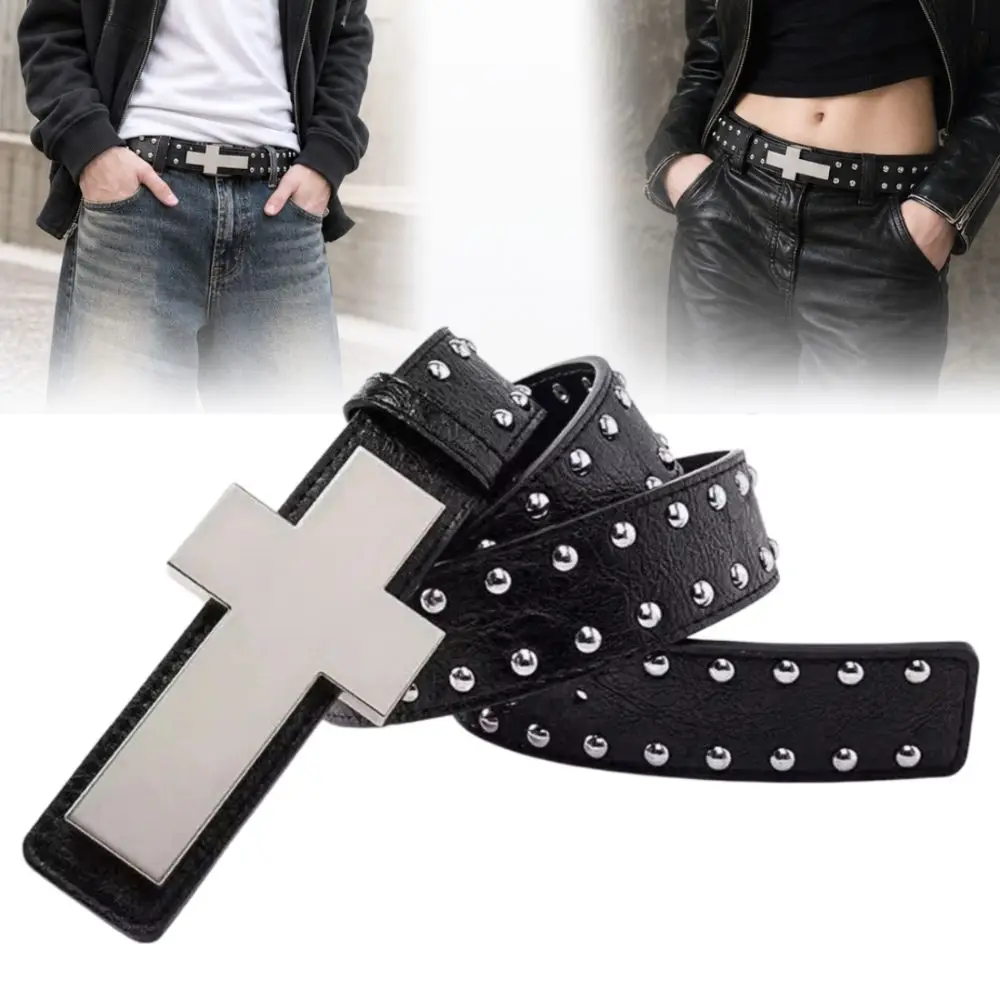Personality Y2K Punk Cross Belt Gothic Retro Rivet Studded Belt PU Leather Hip Hop Streetwear Waist Belt For Men Women Jeans