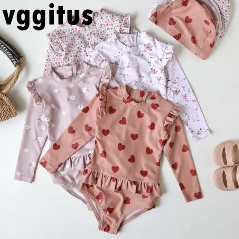 

2025 New 1-6 Years Old Girls One-Pieces Swimwear Cute Floral Print O-neck Ruffle Long Sleeve Triangle High Fork Swimsuit H8167