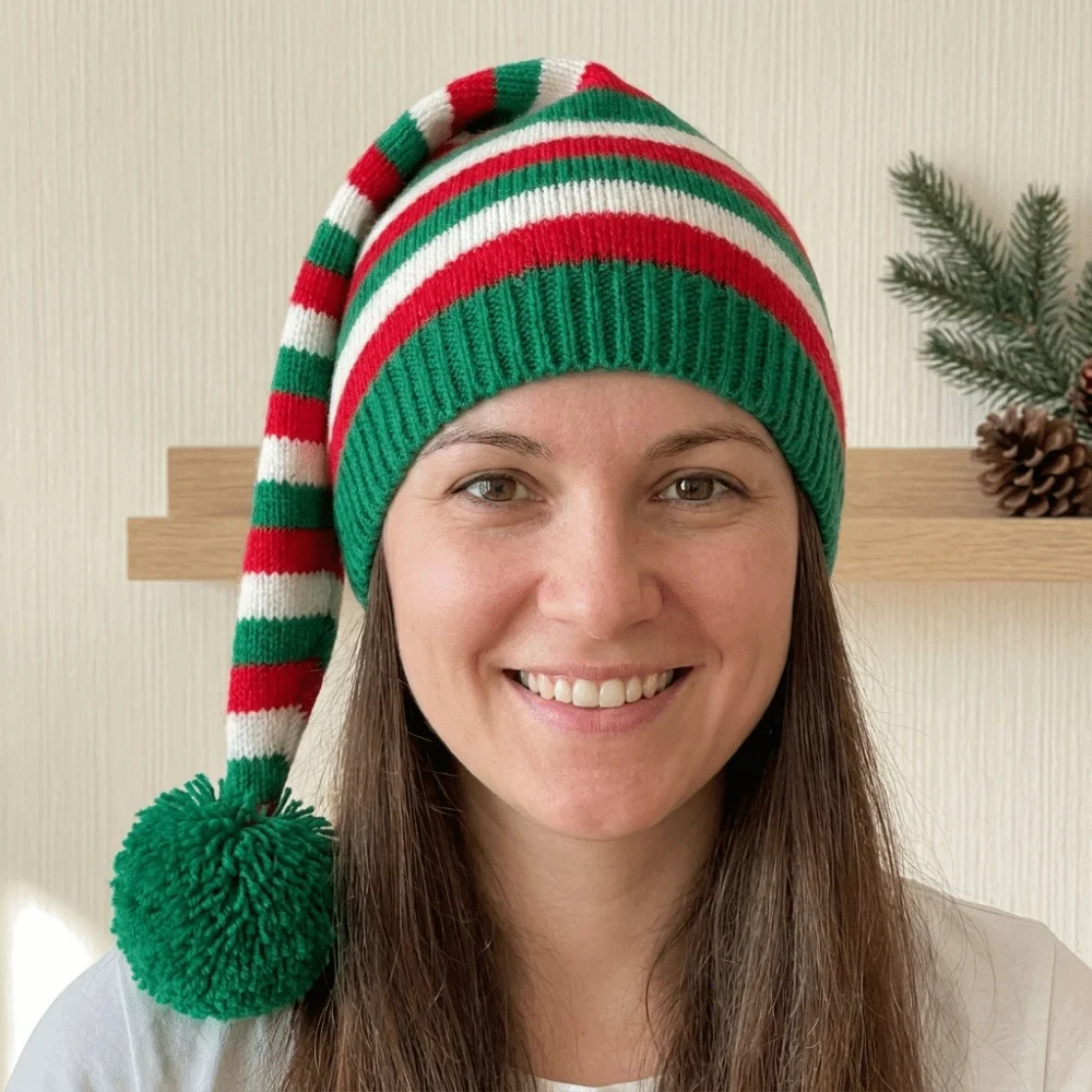 Weihnachtsmann-Weihnachtsmütze, warme Weihnachtsmütze, warme Santa-Beanie-Mütze, Wollmütze, koreanischer Stil, gestreifte Mütze, Frohes Neues Jahr – Detail 10