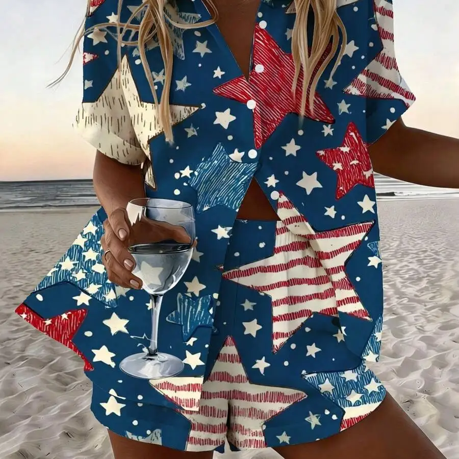 

Womens Summer Star Print Short Sleeve Shirt And Shorts Set Beach Vacation Casual Outfit