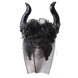 Women Black Mask Women Girl Masquerade Halloween Cosplay Exaggerated Lace Mask Carnival Party Bar Head Wear Veiled Accessories