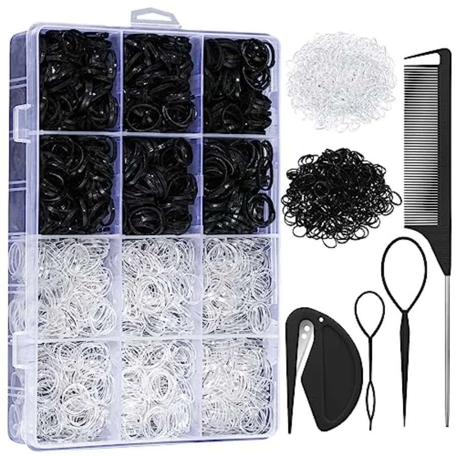 2200 Pcs Elastic Hair Bands with Hair Loop Styling Tool Set, Clear and Black Elastic Hair Ties with Rubber Band Cutter Organize