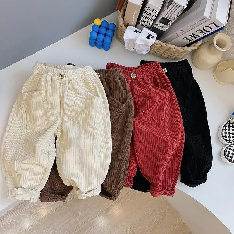 Retro Children\'s Warm Corduroy Trousers Spring Autumn New Korean Boys And Girls Casual Loose Pockets Cotton Pants