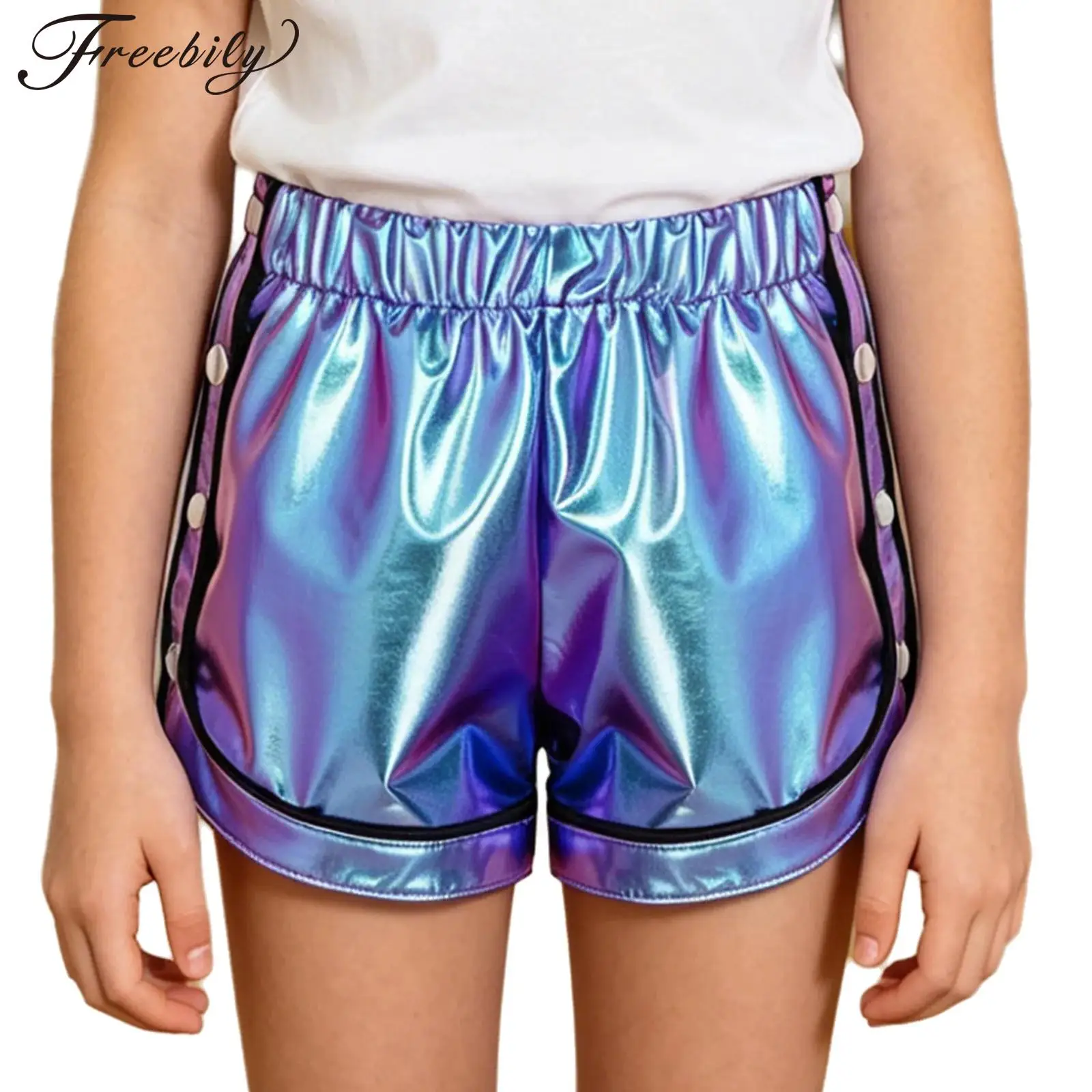 Kids Girls Contrasting Trim Metallic Hip-hop Dance Shorts Elastic Waistband Side Press Buttons Split Sports Shorts Bottoms