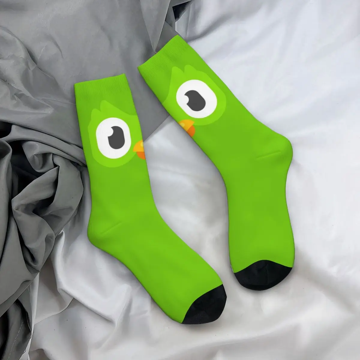 Retro Duolingo Face Basketball Socks Cartoon Polyester Middle Tube Socks for Unisex