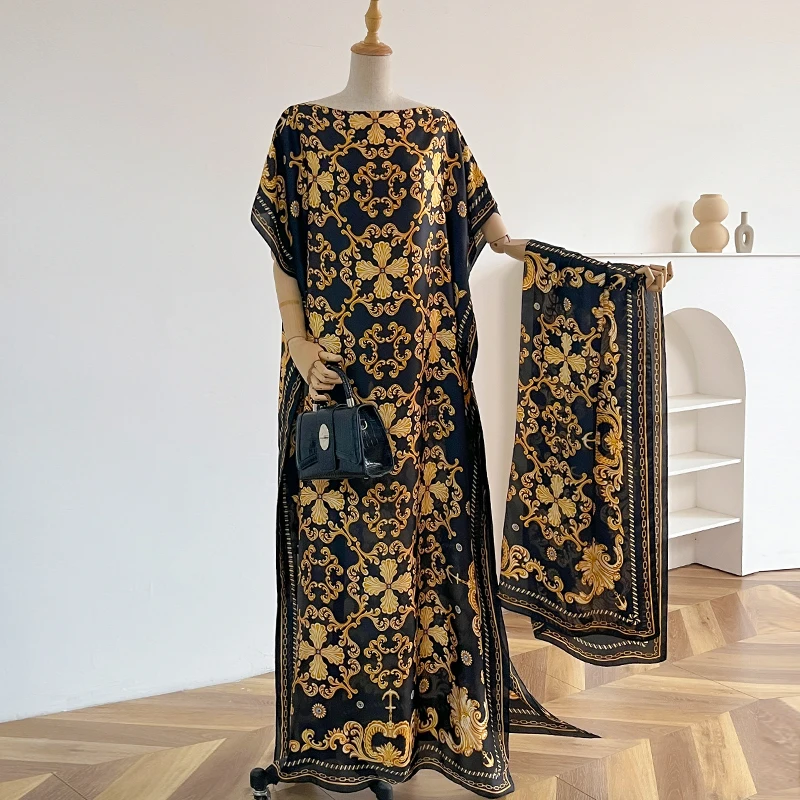 New 2025 Dubai Abaya For Women Summer Short Sleeve Cotton Dress Gold Stamping Loose Lady Maxi Islam African Dress With Big Scarf - view 5