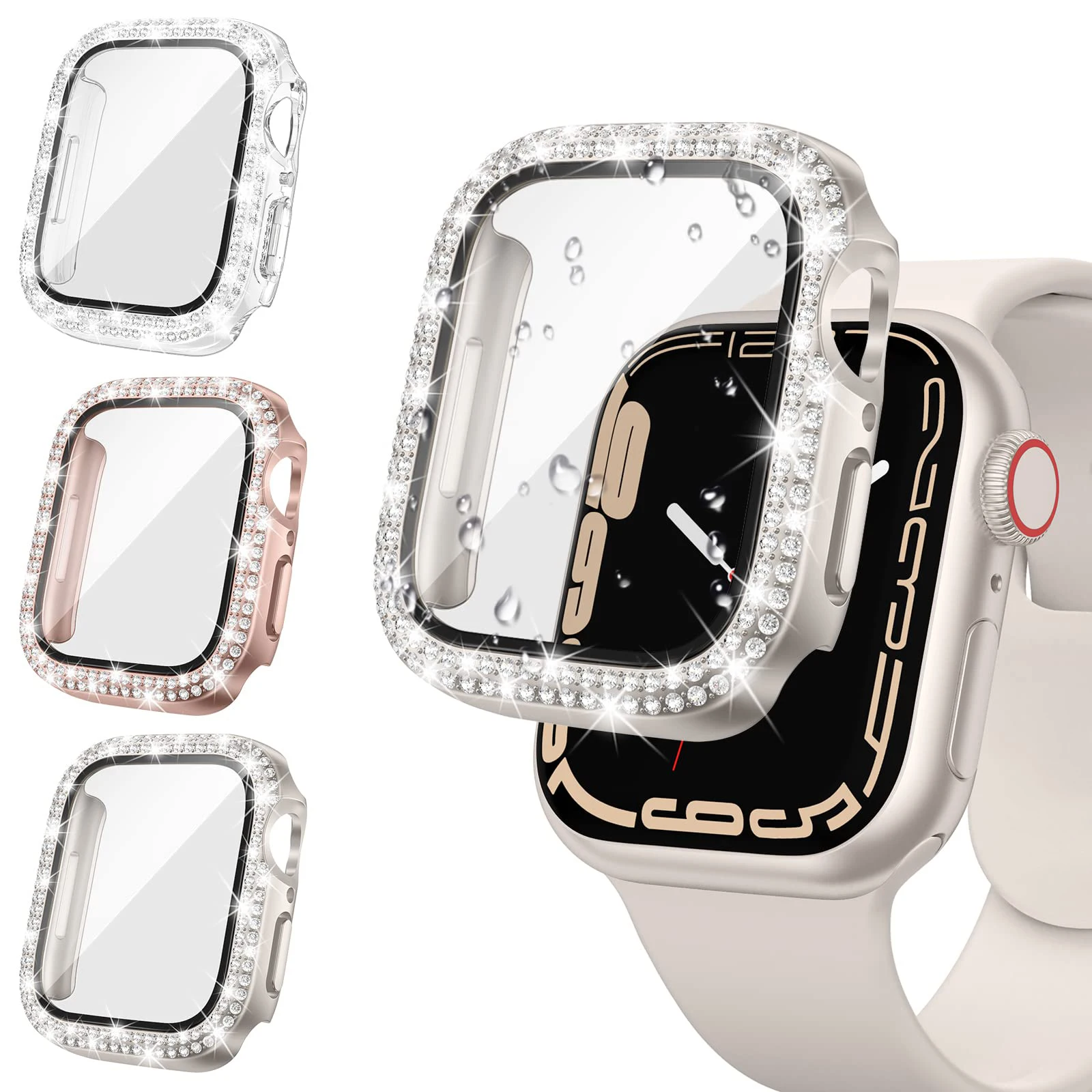 Pelindung kaca + berlian untuk Apple watch, casing 40mm 44mm 41mm 45mm 38mm 42mm Bling Bumper Protector iWatch seri 9 3 5 6 7 8 se