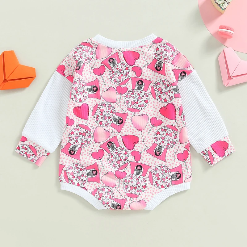 Romper bayi perempuan, baju pakaian kasual balita, perayaan Hari Valentine, lengan lipit dengan motif hati dan lengan lipit