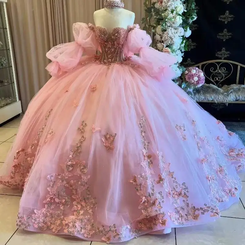 

Customized Puff Sleeve Pink Quinceanera Dresses Bow Beaded Off The Shoulder Ball Gown Tull Corset Sweet Vestidos De 15 Anos