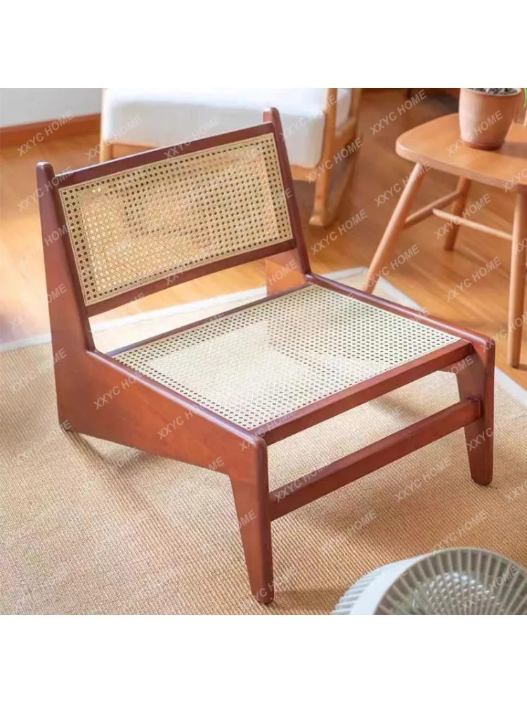 Balcony Casual Retro Single Sofa Rattan Chair Chandigar Chair Mid-Ancient Solid Wood Rattan Chair