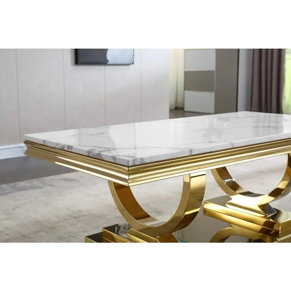 Rectangular White and Gold Marble Tea Table with U-Shape Stainless Steel Base with Gold Mirrored Finish for Living Room