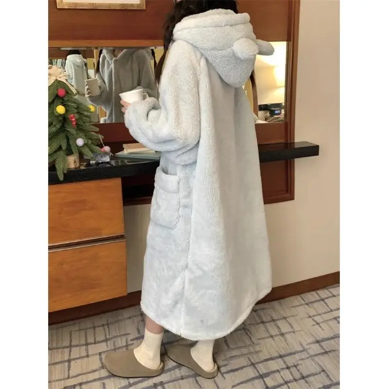 

Женская одежда, утепленная версия, длинный стиль с капюшоном, утепленный халат на флисовой подкладке, зимняя пижама из кораллового флиса, сохраняющая тепло, домашняя одежда