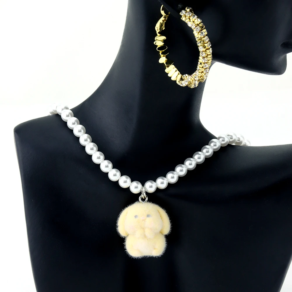 Cute Flocking Rabbit Pendant Necklaces Pearl Choker for Women Girl Gift Jewelry Trendy Party Accessories Gifts