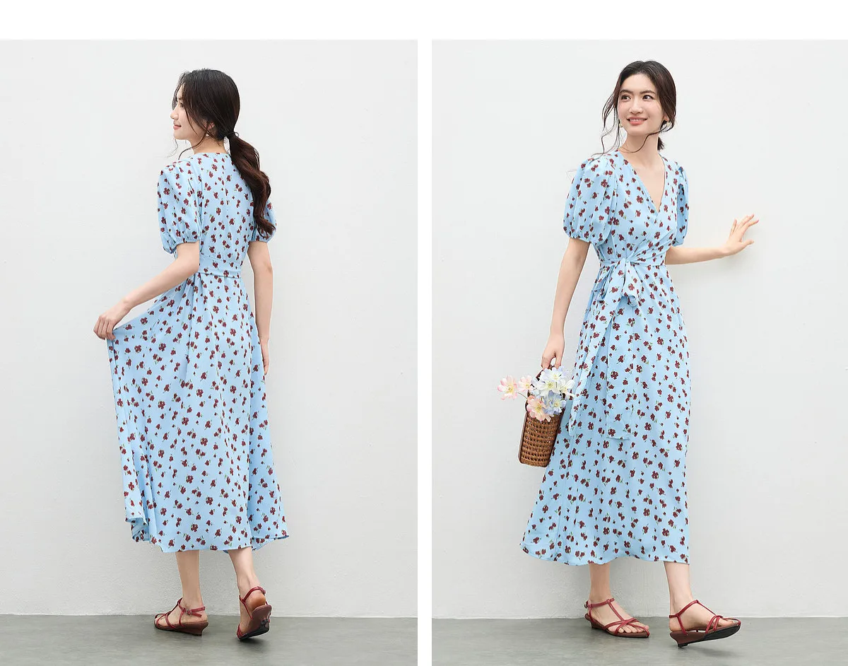 SENTUBILA 2026 Sommer-Blumenkleider für Damen, Französischer V-Ausschnitt, Puffärmel, Elegantes Taillenband, Figurbetontes Bedrucktes Midi-Kleid W62LF7571 – Detail 26