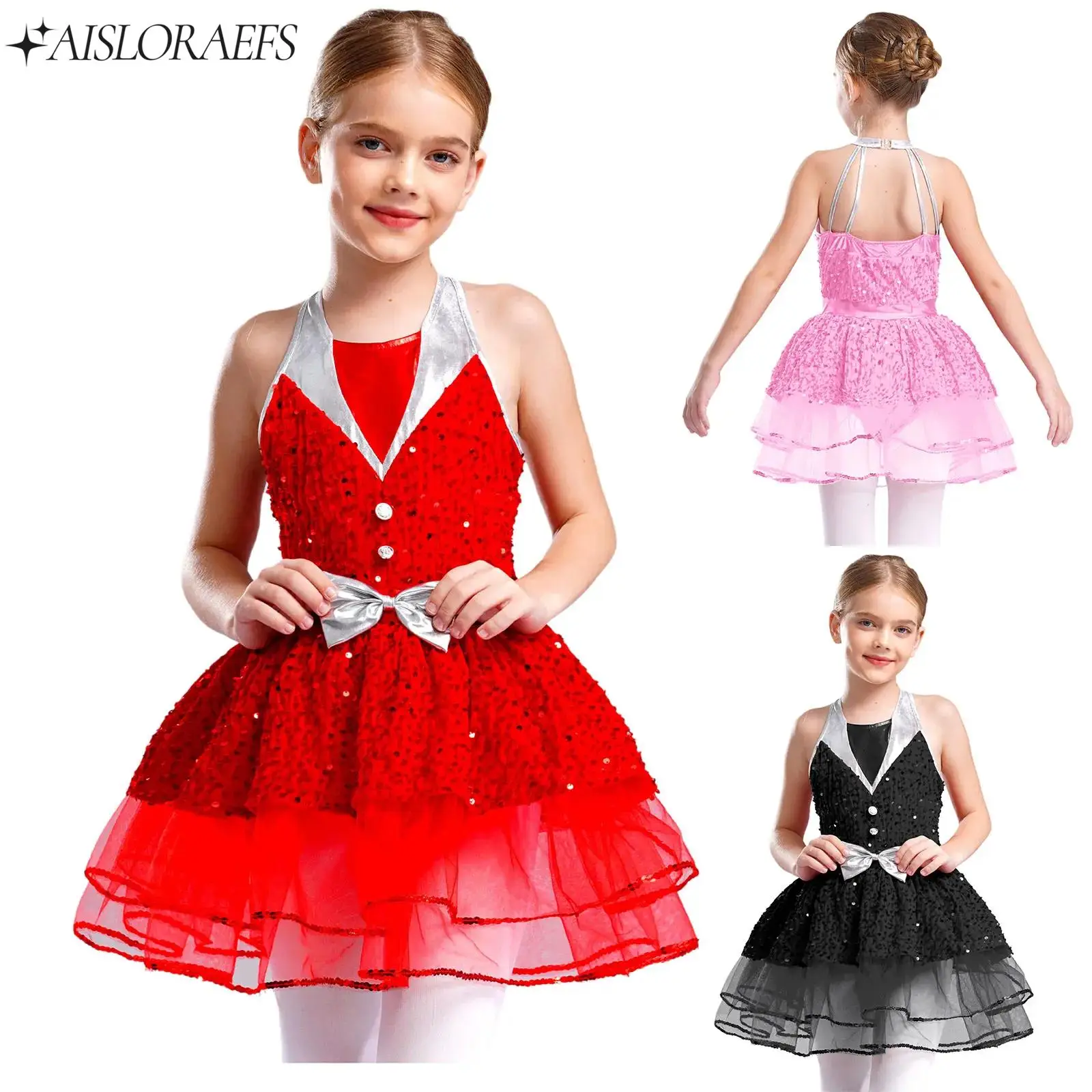 

Kids Girls Ballet Dance Dress Performance Costume Glittery Sequins Velvet Tutu Dresses Puffy Skirts for Christmas Birthday Party
