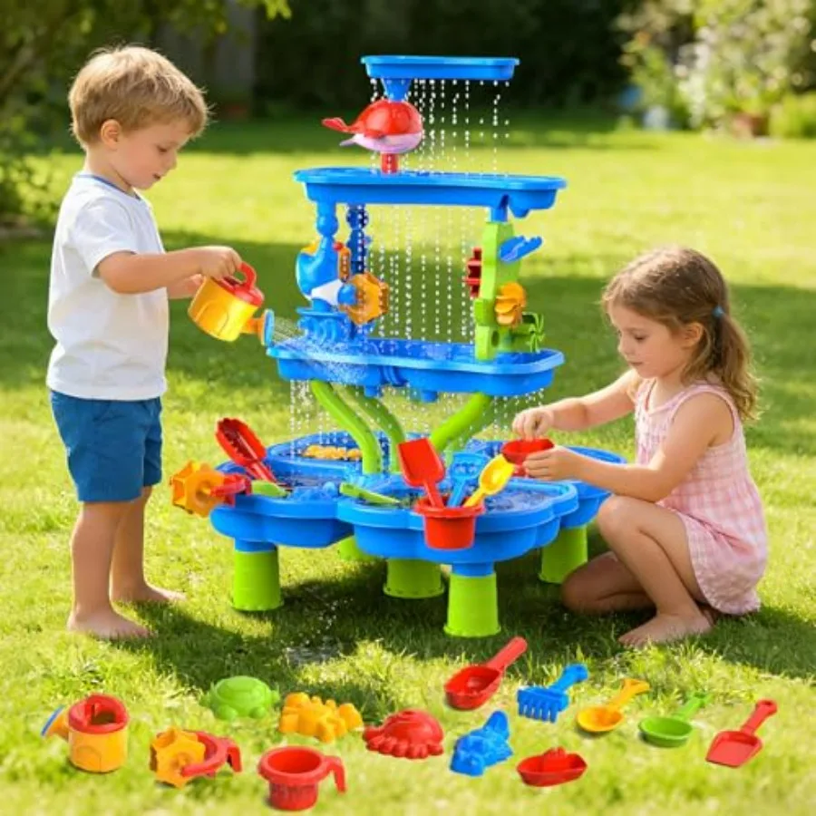 Water Sand Table for Toddler - 4-Tier Multifunctional Outdoor Backyard Beach Playset, Ocean Blue, Stable Design Sensory Learnin