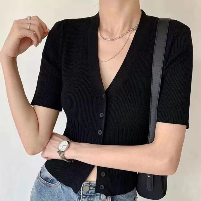 Women Short Sleeve Ribbed Knitted T-Shirt French Sexy V-Neck Button Down Cropped Cardigan Solid Color Slim Sweater Top