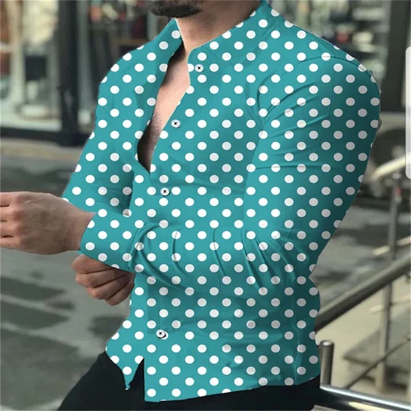 Camisa de manga larga con botones para hombre, camisa con solapa de lunares, informal, transpirable, cómoda, a la moda, para exteriores, novedad de 2024