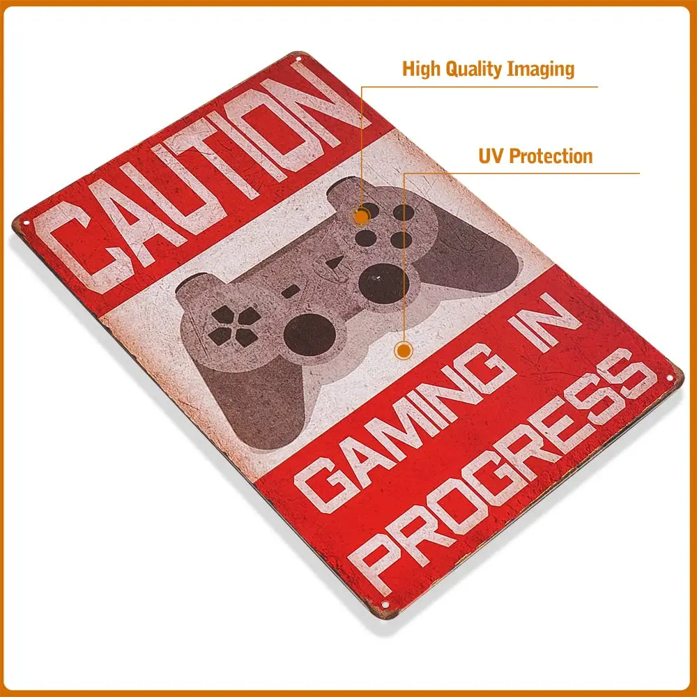 dingleiever-shabby chic Funny Caution Gaming In Progress metal tin sign poster wall plaque